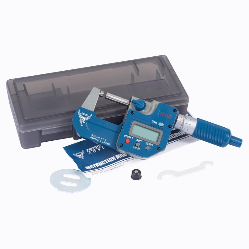 PEC TOOLS ميكرومتر رقمي ذو أصل مطلق IP65 0-1"/25 مم، مقاوم للزيت ورش الماء، أداة قياس عالية الدقة مع شاشة LCD، وجوه قياس من كربيد، قفل مغزل، مع تحويل بين البوصة/المتر - Image 1